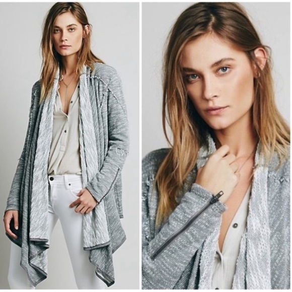 Free People In the Loop Waterfall Front, French Terry Grey Jacket w Zipper Cuffs - Picture 2 of 15